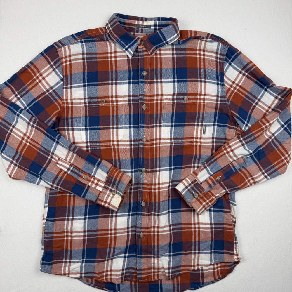 Eddie Bauer Mens Classic Fit Plaid Flannel Shirt Orange Blue White Large